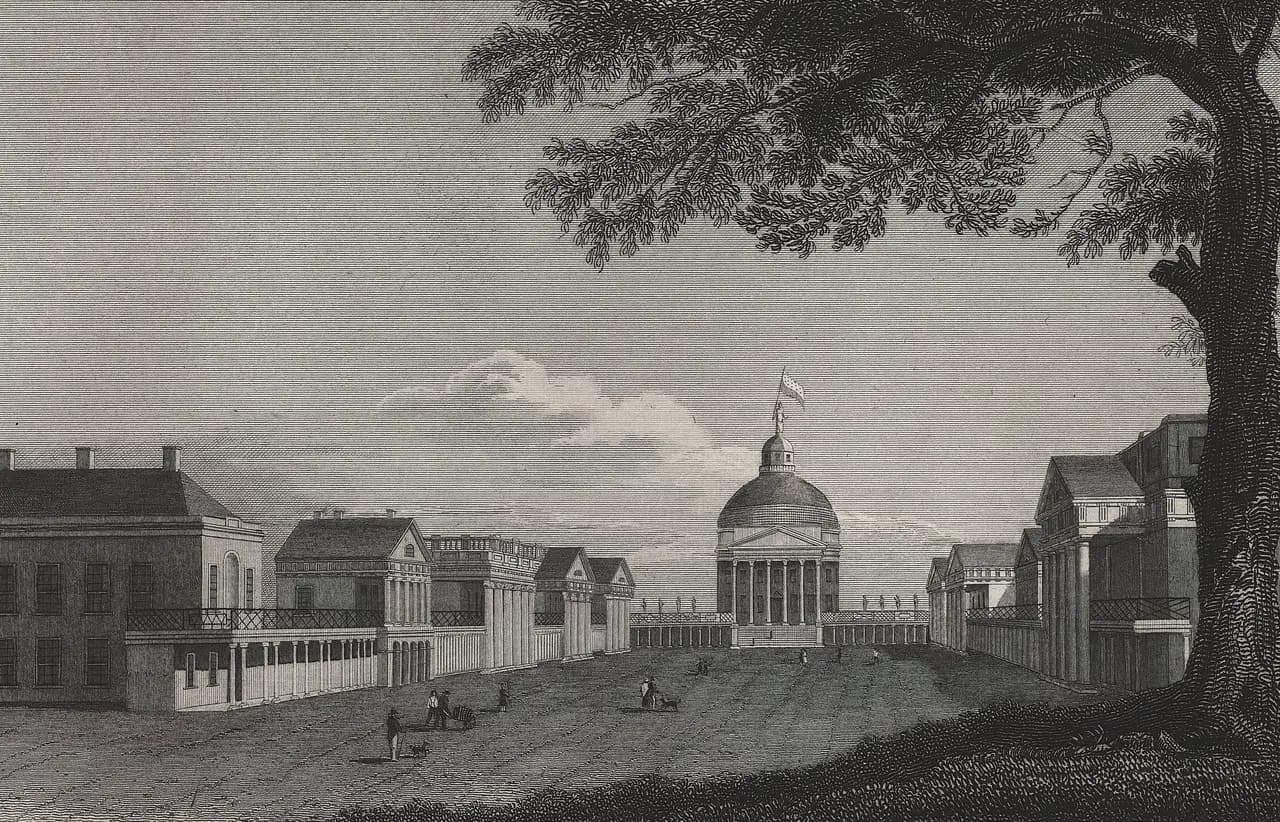 An 1837 engraving of the Lawn at the University of Virginia